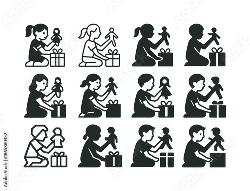 Playful Toy Logos. Kids playing with holiday toys from gifts. Icon set. Set Logo of kids playing with holiday toys from gifts: kids playing with dolls or