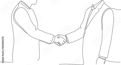Dynamic continuous line art of a professional business handshake, symbolizing agreement, partnership, and successful collaboration between two individuals in a formal setting