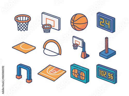 Colorful Basketball Icon Set. Basketball hoop. Colorful isometric vector icons set of Basketball hoop: rim, net, backboard, pole, court lines, basketball, shot