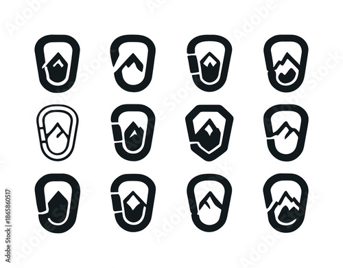Rock Climbing Logos. rock climbing expeditions. Icon set. Set Logo of rock climbing expeditions: carabiner clip. harmonious logo variations of the same