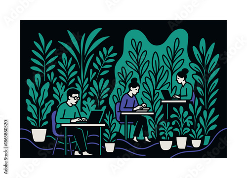 Nature-Inspired Workspaces. Biophilic design and green architecture ? nature-inspired workspaces. Desks sit among lush greens and organic dividers; flowing