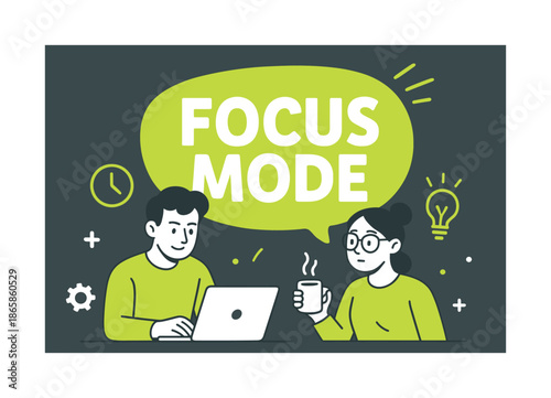 Dynamic Focus Banner. Focus mode on banner, flat vector illustration, bold oversized text inside rounded blob, cartoon characters sitting and concentrating,