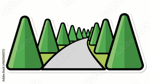 A stylized path curves through a line of green, conical trees