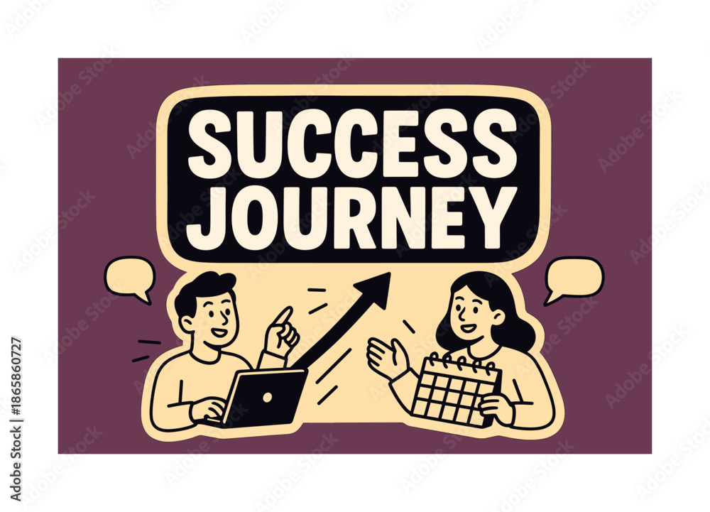 Naklejka premium Success Journey Banner. Success journey banner, flat vector illustration, bold oversized text inside sticker outline, cartoon characters pointing at a rising