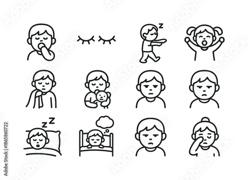 Sleepy Kids Icons. Sleepy kids. Line icon set of sleepy kids: yawning child, closed eyes icon, sleepwalking icon, bedtime stretch, carrying blanket, holding