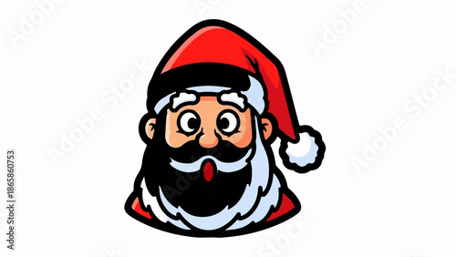 Cartoon depiction of Santa Claus's head with a red hat, white beard, mustache, and surprised expression