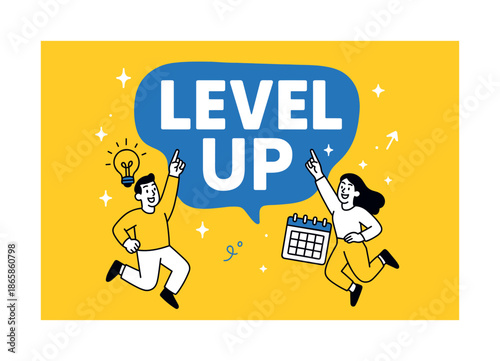 Bold Level Up Banner. Level up banner, flat vector illustration, bold oversized text inside rounded blob, cartoon characters jumping and pointing upward,