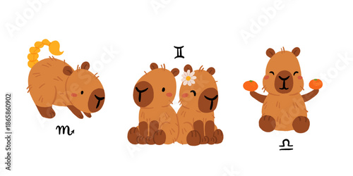 Capybara zodiac signs kawaii vector set, cute cartoon astrology animals clipart. Horoscope symbols collection, flat EPS10 illustration for stickers, prints and social media