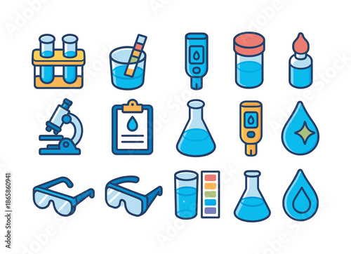 Water Testing Icons. Water testing. Colorful isometric vector icons set of water testing: test tubes, pH strip, TDS meter, sample jar, reagent drops,