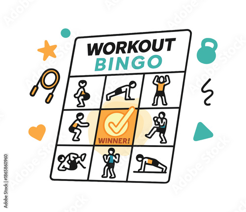 Fitness Bingo Fun. Workout Bingo Game. A floating bingo board made of fitness icons like jump rope, plank, burpees, etc. One square is marked ?WINNER!? and is