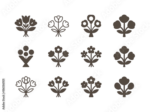 Bridal Shower Decor Icons. DIY decorations for bridal showers. Icon set. Set Logo of DIY decorations for bridal showers: bouquet silhouette. harmonious logo