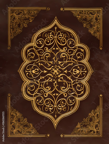 an ornamental arabesque book cover design with golden calligraphy, a brown background, and a symmetrical composition.