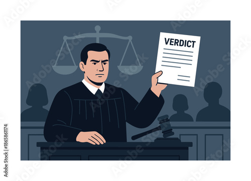 Judge Announces Verdict. Verdict announcement. With a firm yet composed expression, the judge lifts the verdict document toward the gallery. A balance of