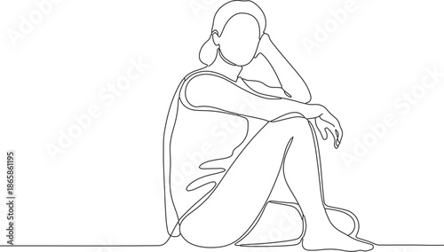 Continuous Line Art Drawing of Thoughtful Woman Posing with Elegant Simplicity, Reflecting Serenity and Relaxation, Minimalist Vector Illustration Style
