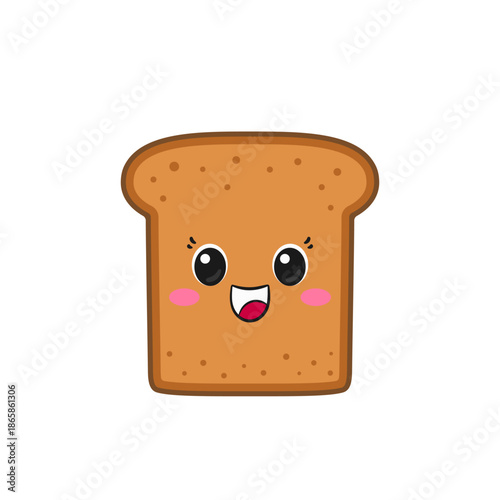 Fried toast, cute cartoon character, sliced bread, emotions joy delight, happy smiling face, breakfast symbol, flat vector illustration.