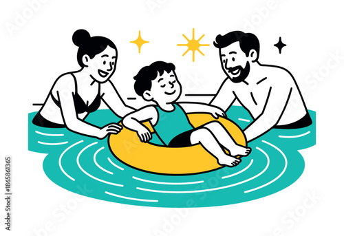 Poolside Family Fun. Pool ring fun. A child lounges on a float while parents playfully push them; gentle waves spread outward. Sunlit accents shimmer. Modern