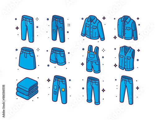 Colorful Denim Icons. Denim collection. Colorful isometric vector icons set of denim collection: light-wash jeans, dark-wash jeans, distressed jeans, denim