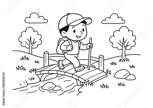 Hiking Adventure Coloring. Crossing a wooden bridge children?s coloring book illustration, outlined drawing, child hiking over a tiny bridge above a creek,