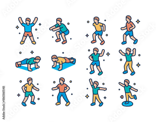 Colorful Workout Icons. Full-Body Workout. Colorful isometric vector icons set of Full-Body Workout: jumping jacks, squat, push-up, lunge, plank, jump squat,