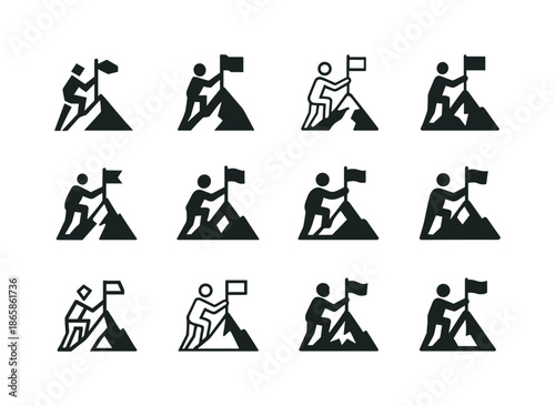 Mountain Climber Logos. mountain climbers. Icon set. Set Logo of mountain climbers: summit flag. harmonious logo variations of the same emblematic concept,