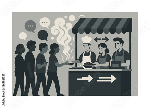 Lunchtime Stall Hustle. Busy lunchtime stall. Line of people at a compact stall; swirling steam and chatter bubbles floating upward. Arrows showing fast-paced