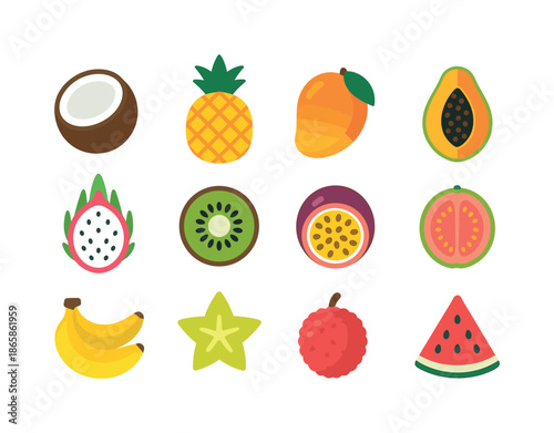 Tropical Fruit Icons. Tropical fruit. Colorful flat vector icons set of tropical fruit: coconut, pineapple, mango, papaya, dragon fruit, kiwi, passion fruit,
