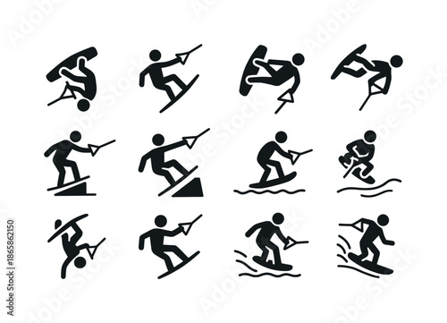 Advanced Wakeboarding Icons. Advanced wakeboarding. Solid icon set of Advanced wakeboarding: advanced flip, high jump, technical spin, off-axis trick, rail