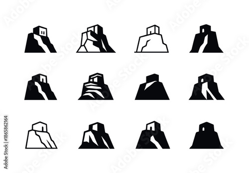 Monolithic Building Logos. Monolithic building. Icon set. Set Logo of monolithic building: cliffside sanctuary. harmonious logo variations of the