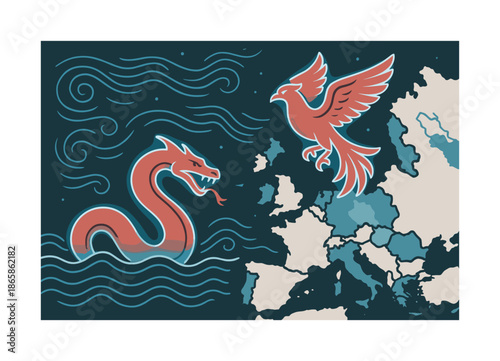 Mythical Map Creatures. Mythic map creatures. Sea serpent and bird icons hovering above mapped regions; glowing outlines breathing life. Decorative currents