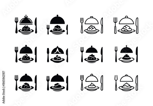 Fine Dining Icons. fine dining. Icon set. Set Logo of fine dining: plated gourmet dish. harmonious logo variations of the same emblematic concept, each with