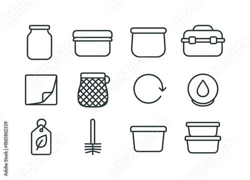 Reusable Food Packaging Icons. Reusable food packaging. Line icon set of reusable food packaging: glass jar, metal container, silicone pouch, lunchbox,