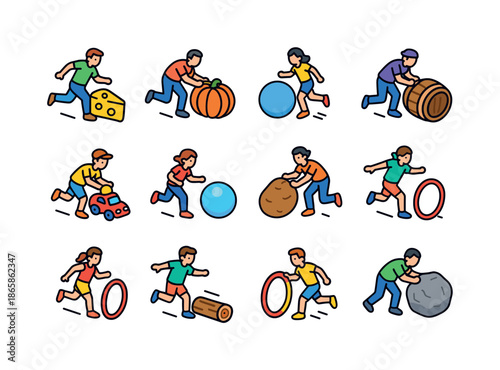 Colorful Rolling Games Icons. Rolling games. Colorful isometric vector icons set of rolling games: cheese rolling, pumpkin roll, ball race, barrel sprint, toy