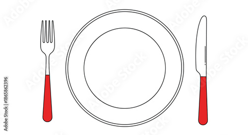 Minimalist line art illustration of a table setting featuring a dinner plate with a red handled fork and knife on a white background.