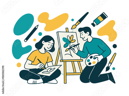 Creative Couple Painting. Creative life. A couple sketches and paints together in a shared space, surrounded by floating abstract color shapes and tools.