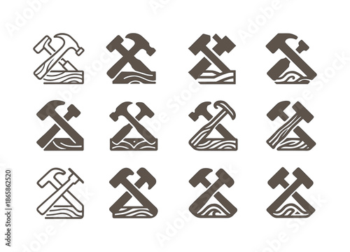 Wood Metal Icons. Wood and metal combo. Icon set. Set Logo of wood and metal combo: hammer and chisel. harmonious logo variations of the same emblematic