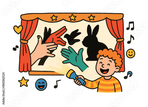 Shadow Puppet Fun. Shadow puppets. Colorful Hand-drawn doodle Children illustration Shadow puppets hands forming dog shape, hands forming bird shape, bunny