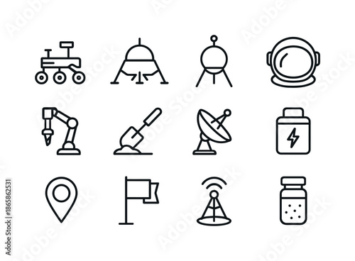 Martian Exploration Icons. Martian exploration. Line icon set of Martian exploration: rover, lander, probe, astronaut helmet, drill arm, soil collector,