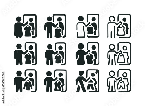 Clothing Logo Variations. Trying on clothes. Icon set. Set Logo of Trying on clothes: mirror reflection silhouette. harmonious logo variations of the same