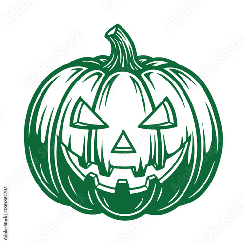 Green pumpkin with a spooky face carved for Halloween  a festive and eerie gourd decoration