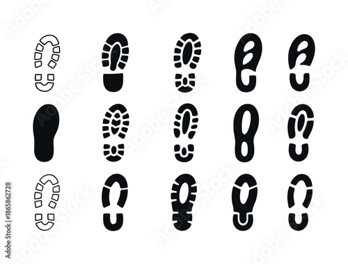 Senior Travel Adventure Icons. Adventure tours for senior travelers. Icon set. Set Logo of adventure tours for senior travelers: hiking boot print. harmonious