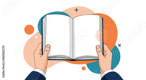 Close up of two hands holding an open blank book positioned in front of a colorful abstract background of overlapping circles.