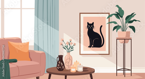 Cozy living room interior featuring a sofa coffee table with candles vases of flowers and a cat portrait on the wall.