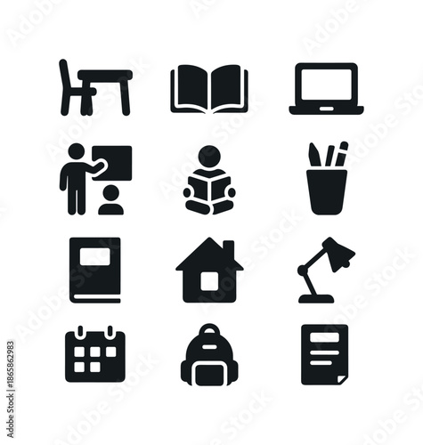 Homeschooling Icons Set. Homeschooling. Solid icon set of Homeschooling: study desk, open book, laptop, parent teaching, child reading, pencil cup, workbook,