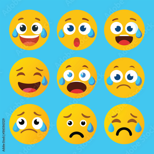 A colorful set of funny cartoon smiley faces showing different emotions like happiness sadness and anger in a simple friendly style