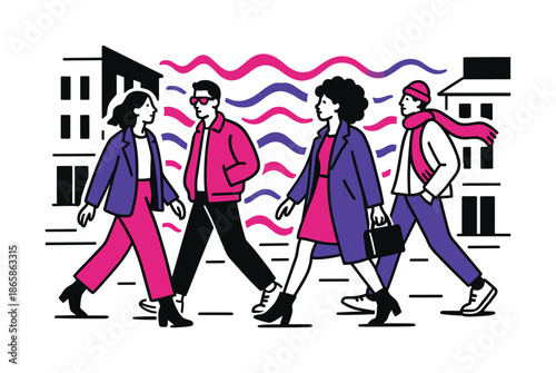 Stylish Urban Walkers. People walking on a city street dressed in stylish outfits ? bold color fits. Bright jackets pop against neutral buildings; abstract