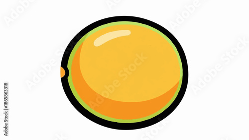 A stylized, round fruit with a thick black outline, featuring vibrant yellow and orange tones