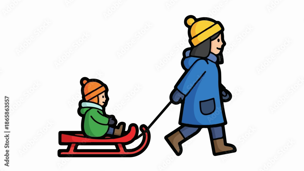 Obraz premium A person pulls a child on a red sled through winter, dressed warmly in hats and coats