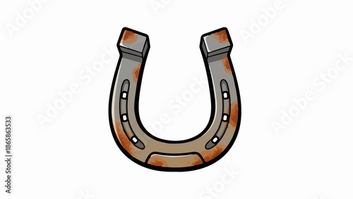A stylized, rusty horseshoe with nail holes, depicted on a white background