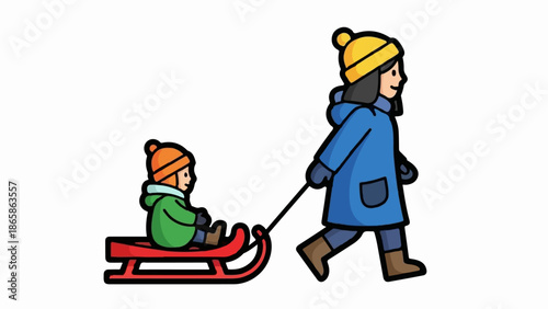 A person pulls a child on a red sled through winter, dressed warmly in hats and coats