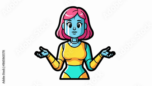 Cartoon robot with pink hair and blue skin, shrugging with open hands